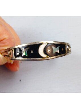 Vintage Mexican Alpaca Silver Bangle Bracelet Black Enamel Moon & Star Inlay